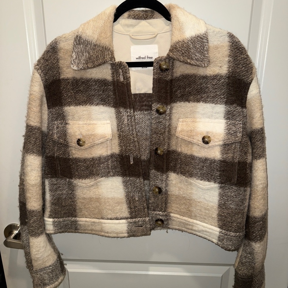 Aritzia Teddy Jacket in Cream and Brown Plaid - Picture 2 of 6